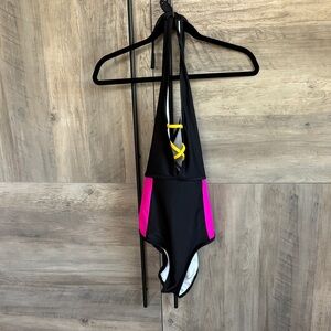 Venus Black One-Piece Swimsuit with Pink Side Panels and Yellow Straps